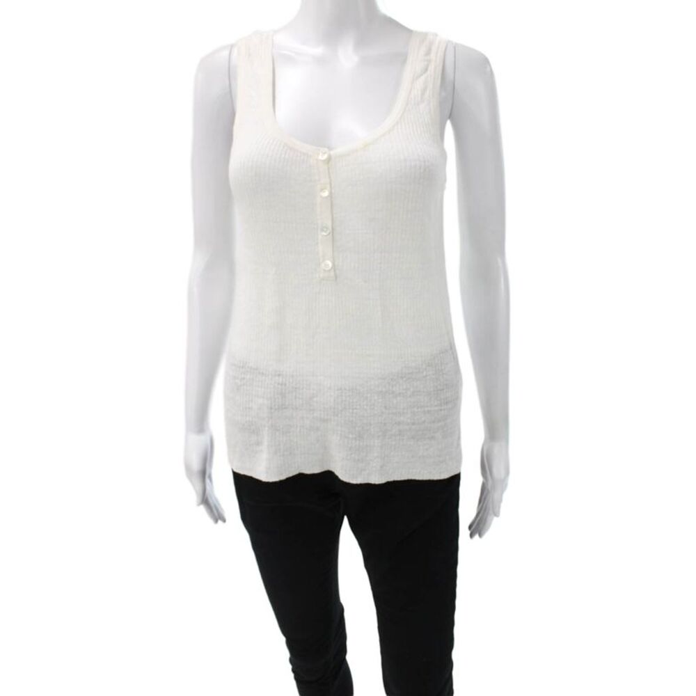 Nili Lotan Women Basic Linen Henley Button Sleeveless Tank White Size S